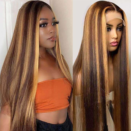 Glueless Invisiable HD Lace Highlight Brown Honey Blonde Straight 13x4 Lace Front Wig Human Hair Wig