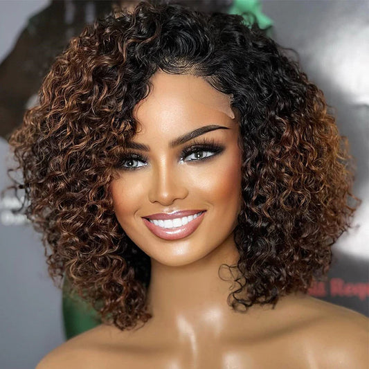 Ombre Brown Curly Layer Cut 13X4 Lace Front Bob Wig Glueless Human Hair Wigs