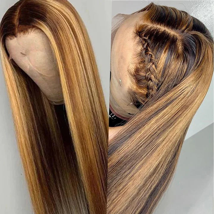 Highlight Brazilian Lace Front Wigs P4/27 Ombre Honey Blonde Straight Human Hair Closure Wigs