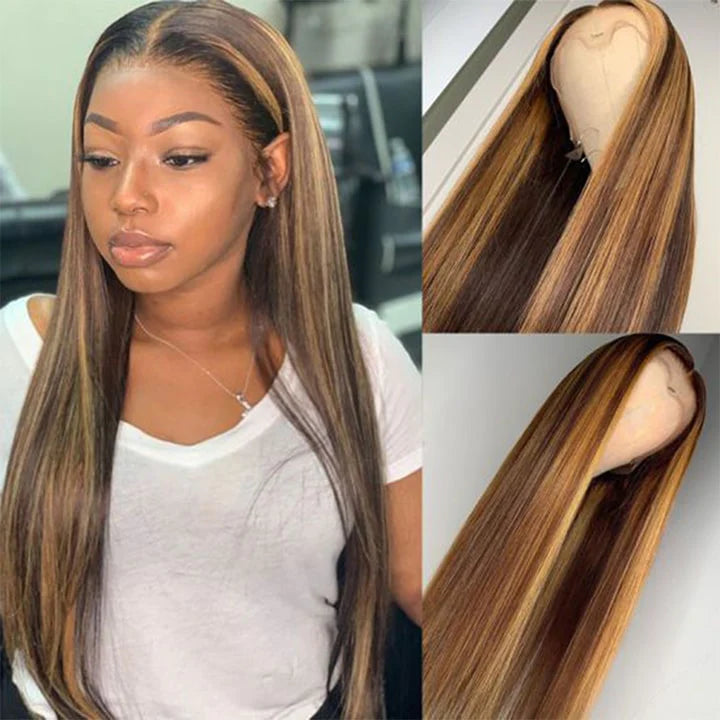 Highlight Brazilian Lace Front Wigs P4/27 Ombre Honey Blonde Straight Human Hair Closure Wigs