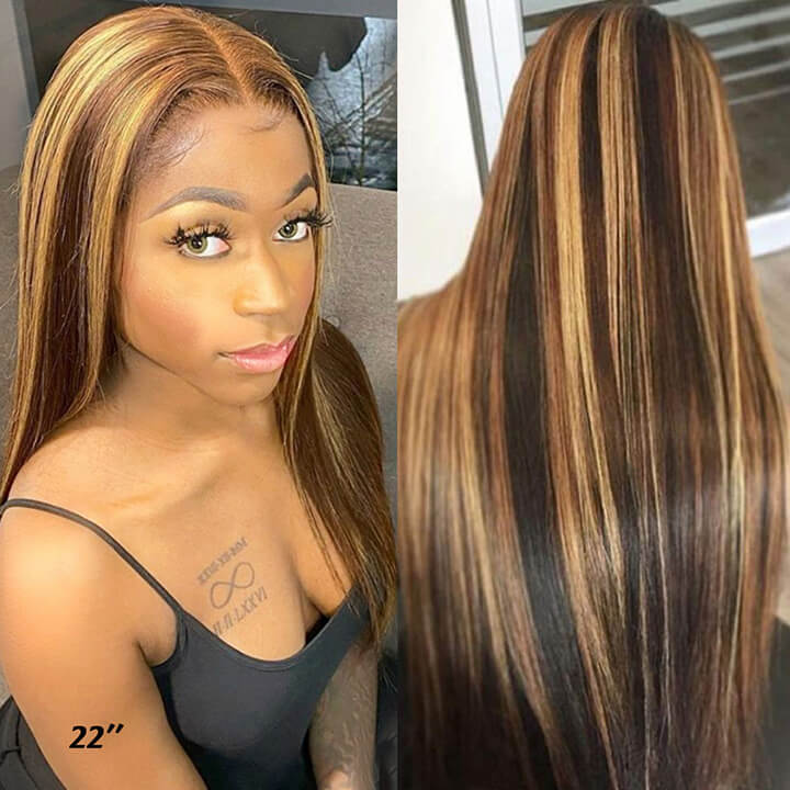 Highlight Brazilian Lace Front Wigs P4/27 Ombre Honey Blonde Straight Human Hair Closure Wigs