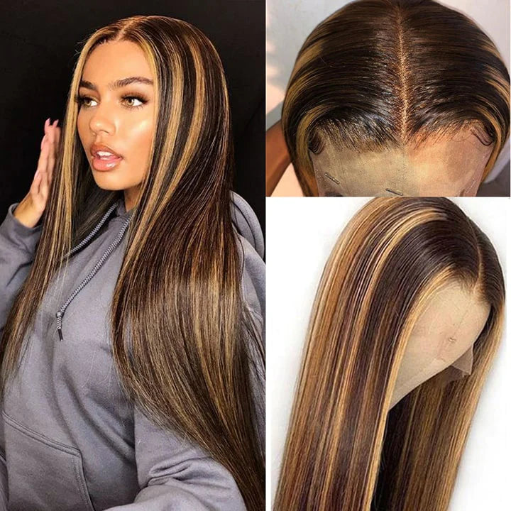 Highlight Brazilian Lace Front Wigs P4/27 Ombre Honey Blonde Straight Human Hair Closure Wigs