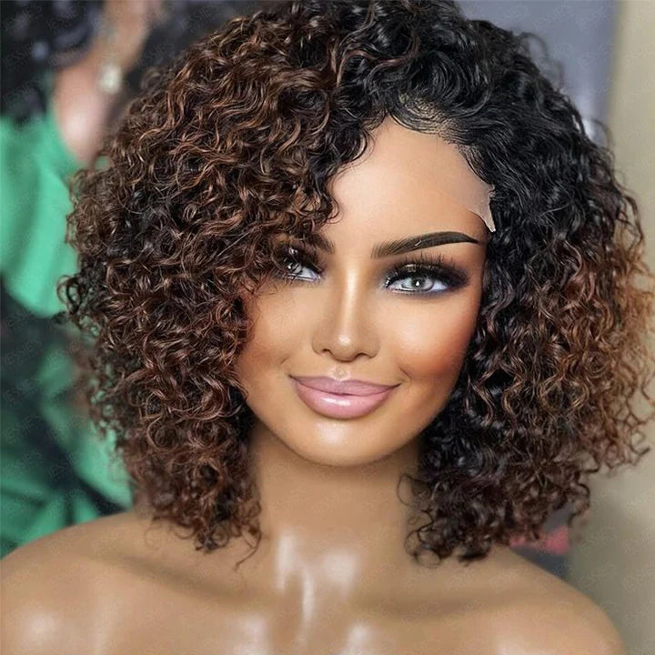 Ombre Brown Curly Layer Cut 13X4 Lace Front Bob Wig Glueless Human Hair Wigs