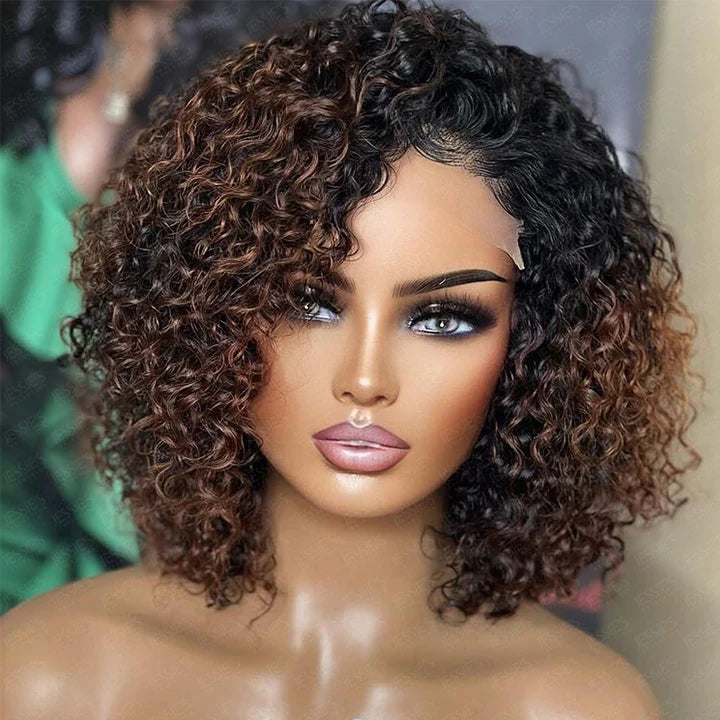 Ombre Brown Curly Layer Cut 13X4 Lace Front Bob Wig Glueless Human Hair Wigs