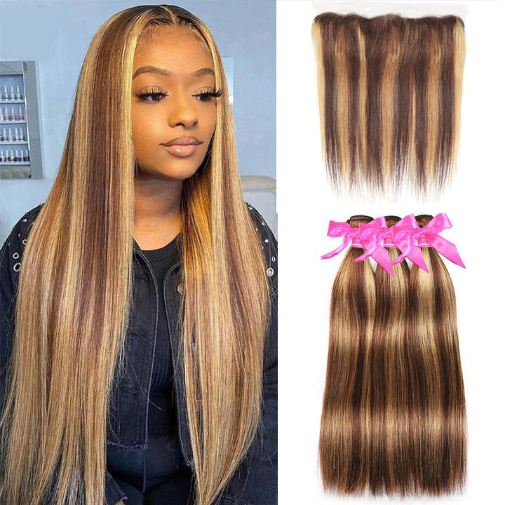 Highlight Brown Honey P4/27 Body Wave Hair 3 Bundles With 13x4 Lace Frontal Human Hair 的副本