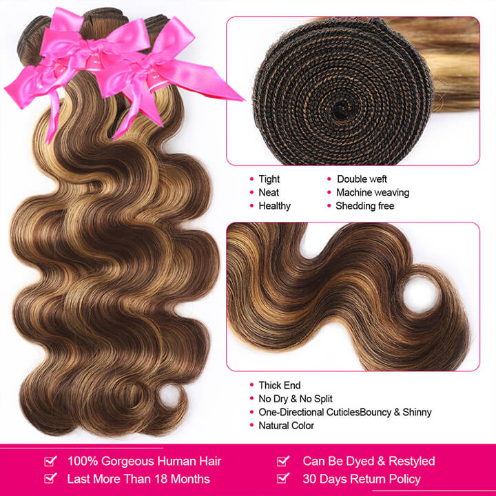 Highlight Brown P4/27 Body Wave Human Hair 3 Bundles With Lace Closure