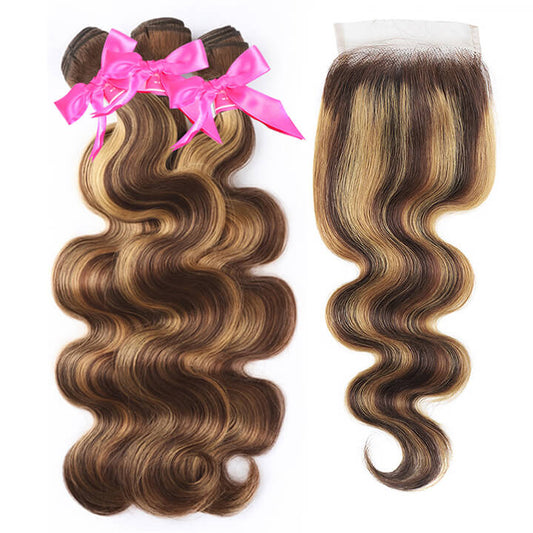 Highlight Brown P4/27 Body Wave Human Hair 3 Bundles With Lace Closure