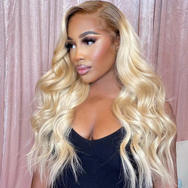 #4/613 Blonde Body Wave Wig With Dark Roots 13x4 Lace Front Human Hair Wigs