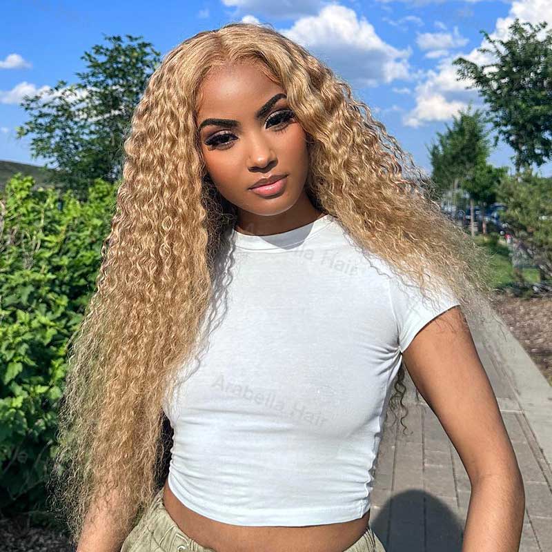 #27 Light Brown Water Wave Curly Transparent Lace Wig Human Hair Wigs Free Part