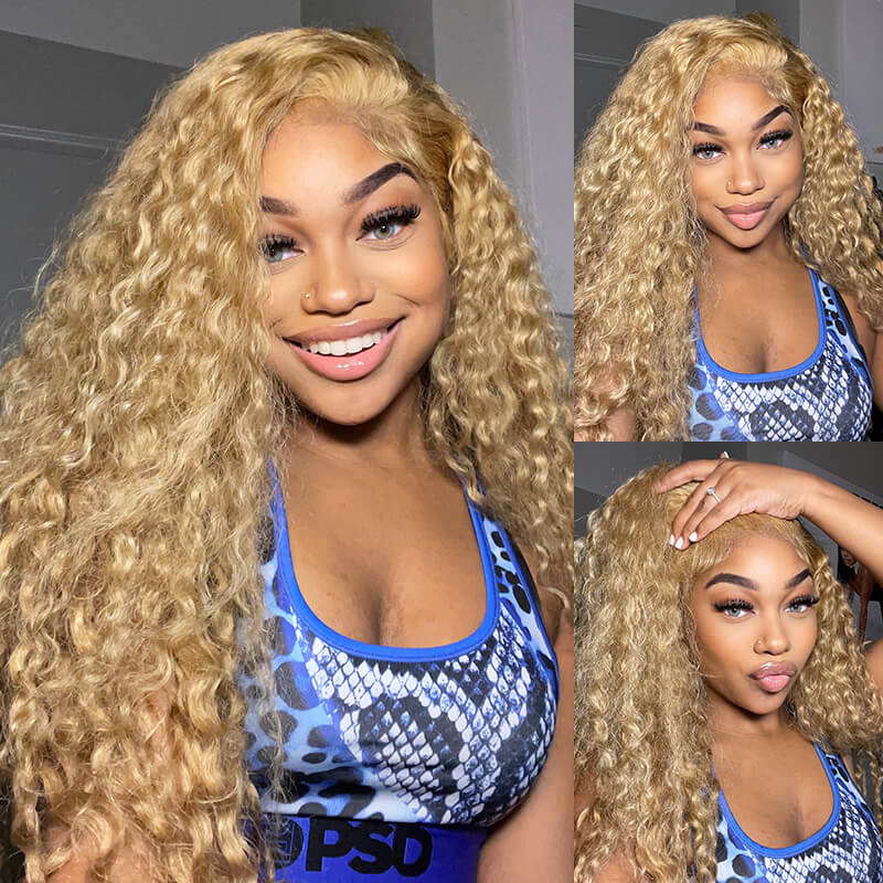 #27 Light Brown Water Wave Curly Transparent Lace Wig Human Hair Wigs Free Part