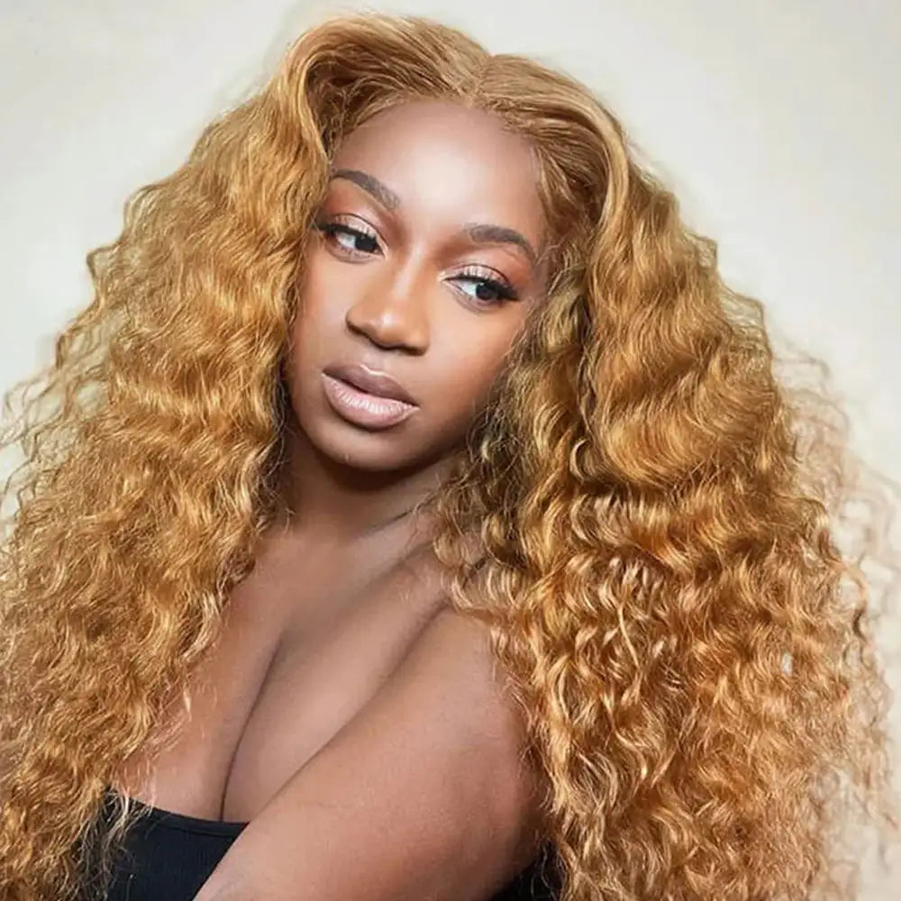 #27 Light Brown Water Wave Curly Transparent Lace Wig Human Hair Wigs Free Part