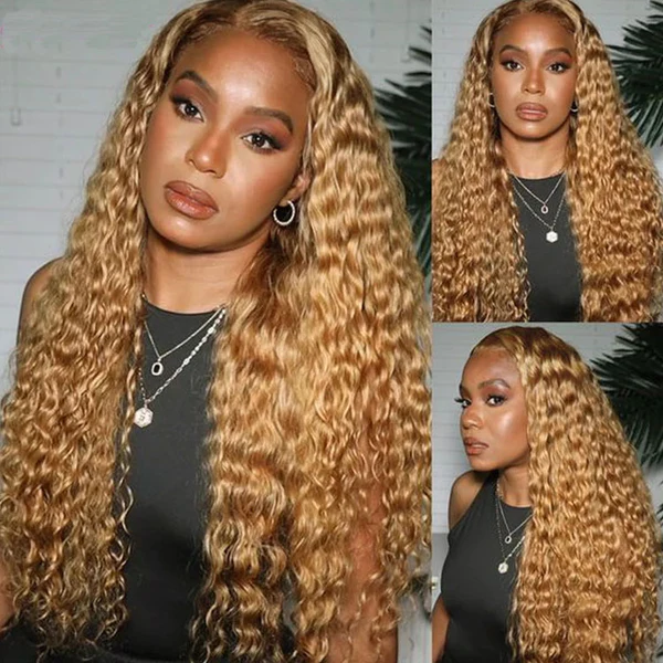 #27 Light Brown Water Wave Curly Transparent Lace Wig Human Hair Wigs Free Part