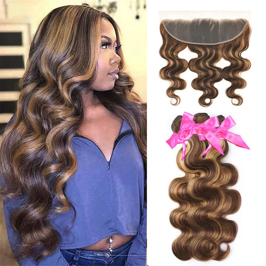 Highlight Brown Honey P4/27 Body Wave Hair 3 Bundles With 13x4 Lace Frontal Human Hair