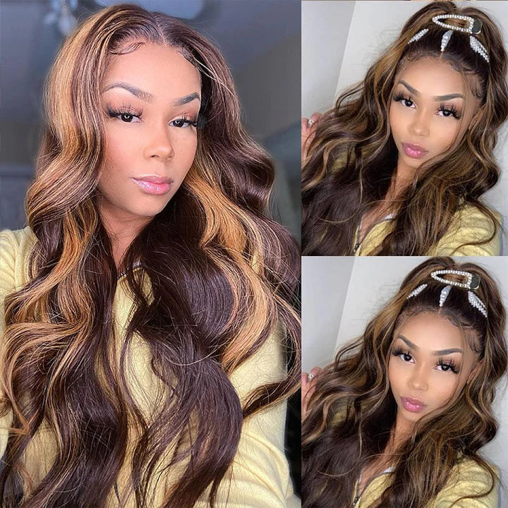 Highlight Brown Honey P4/27 Body Wave Hair 3 Bundles With 13x4 Lace Frontal Human Hair