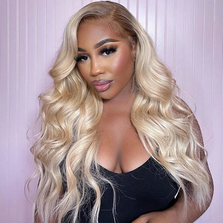 #4/613 Blonde Body Wave Wig With Dark Roots 13x4 Lace Front Human Hair Wigs