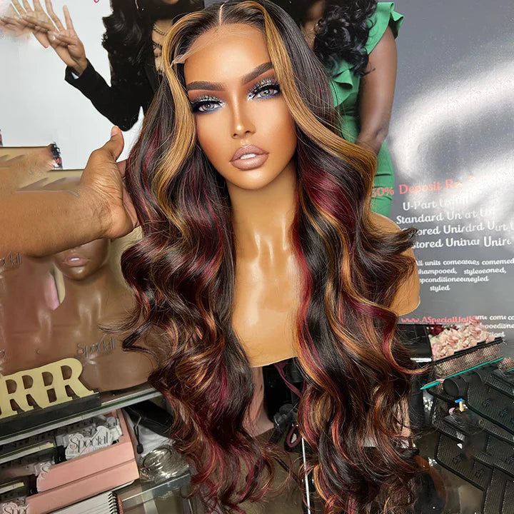 Highlights Black With Red&Blonde Balayage Body Wave 4x4 Lace Wig Glueless Human Hair Wig