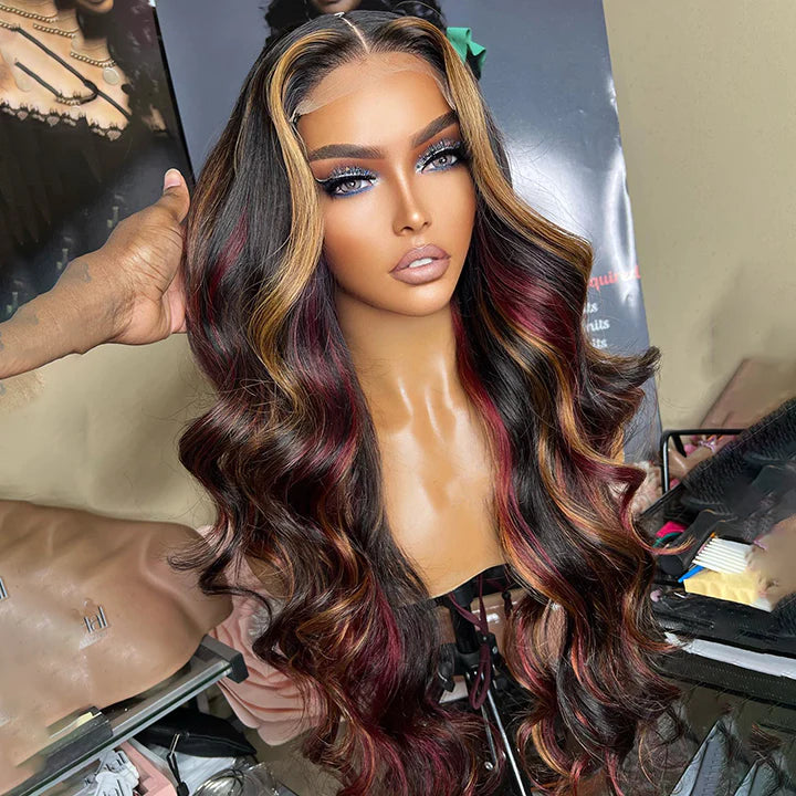 Highlights Black With Red&Blonde Balayage Body Wave 4x4 Lace Wig Glueless Human Hair Wig