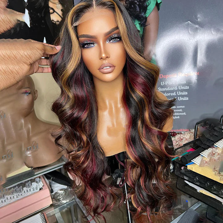 Highlights Black With Red&Blonde Balayage Body Wave 4x4 Lace Wig Glueless Human Hair Wig