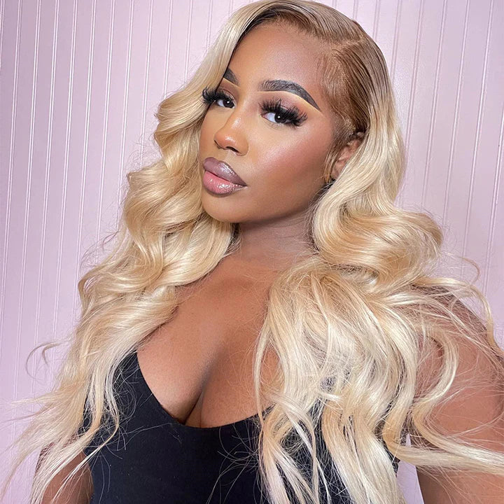 #4/613 Blonde Body Wave Wig With Dark Roots 13x4 Lace Front Human Hair Wigs