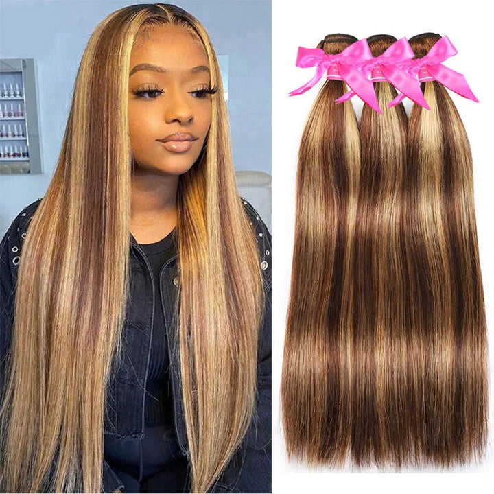 Highlight Brown Straight Human Hair Bundles P4/27 Color Brazilian Remy Hair Weave 3/4 Bundles