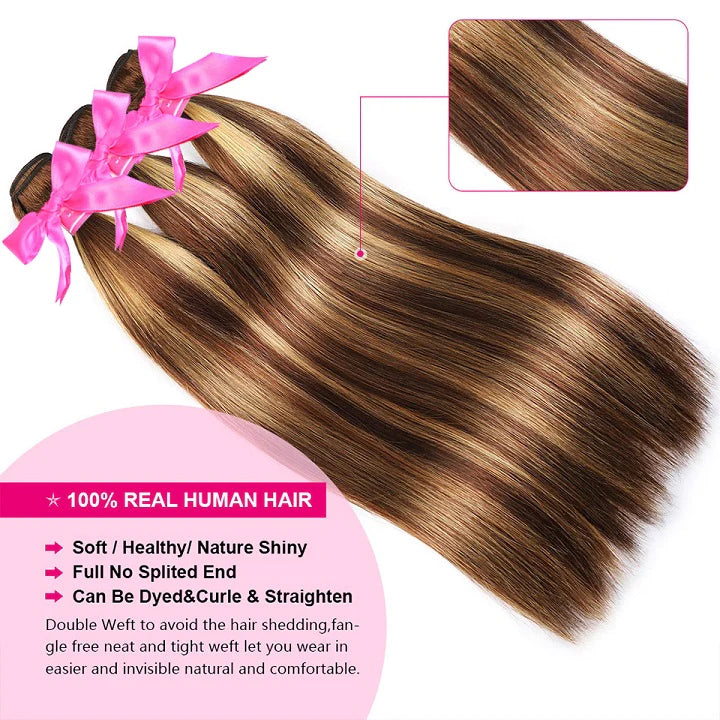 Highlight Brown Straight Human Hair Bundles P4/27 Color Brazilian Remy Hair Weave 3/4 Bundles