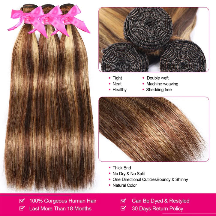 Highlight Brown Straight Human Hair Bundles P4/27 Color Brazilian Remy Hair Weave 3/4 Bundles