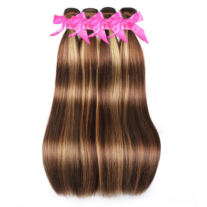 Highlight Brown Straight Human Hair Bundles P4/27 Color Brazilian Remy Hair Weave 3/4 Bundles