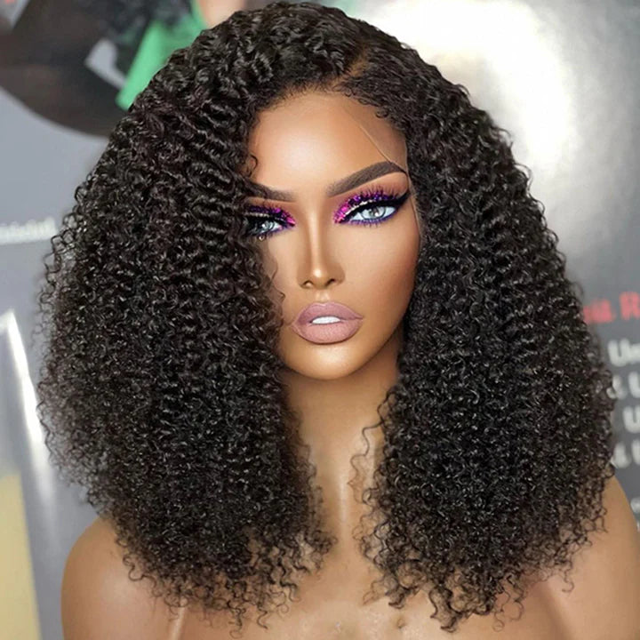 Handmade 4C Hairline Afro Kinky Curly 13x4 Lace Front Wig With Curly Edges Kinky Baby Hair Human Hair Wig