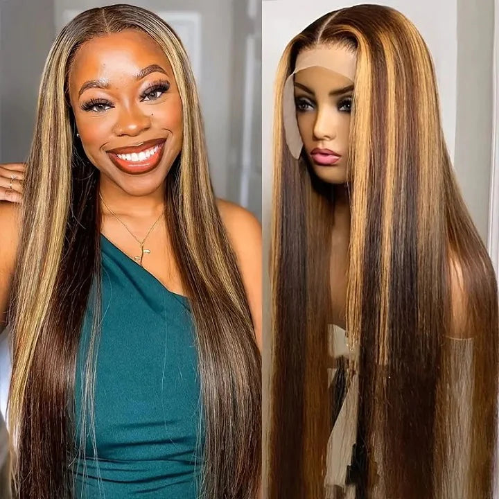 Glueless Invisiable HD Lace Highlight Brown Honey Blonde Straight 13x4 Lace Front Wig Human Hair Wig