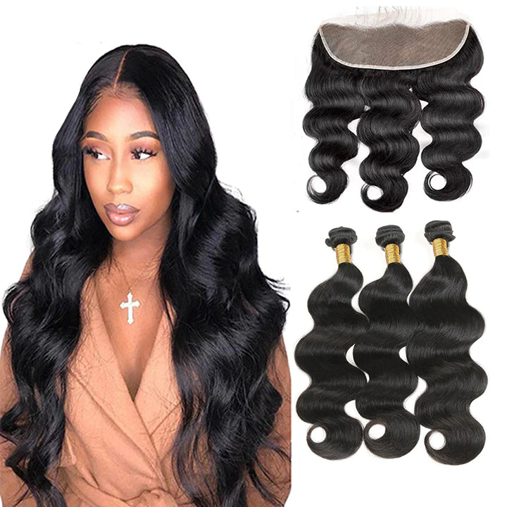 Body Wave Hair 3 Bundles With 13x4 Frontal Single Invisiable Knots Human Hair Bundles With Lace Frontal