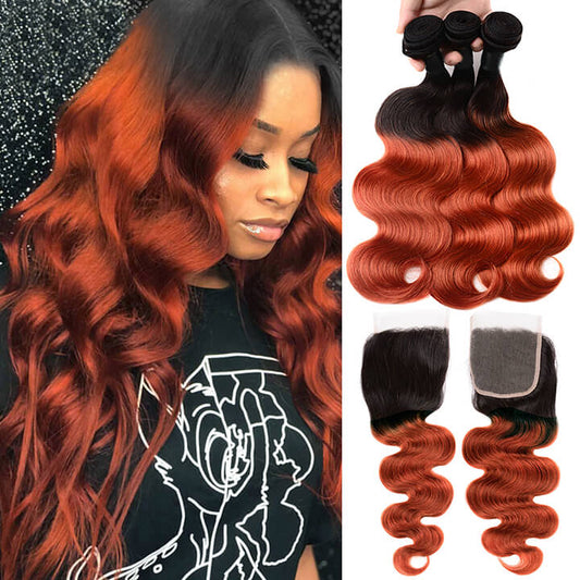 T1B/350 Ombre Ginger Body Wave Hair 3 Bundles With Closure Human Hair With Dark Roots