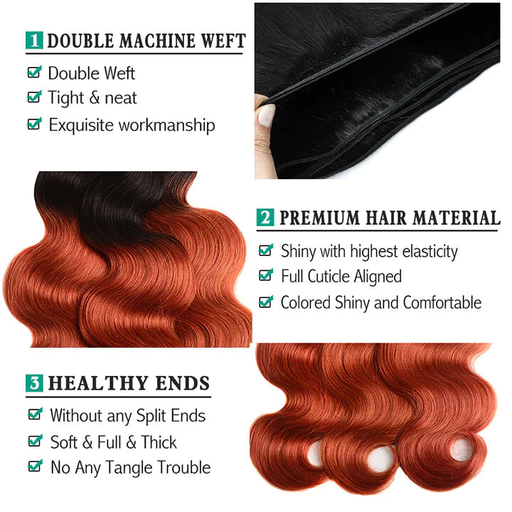 T1B/350 Ombre Ginger Body Wave Hair 3 Bundles With Closure Human Hair With Dark Roots