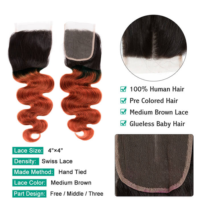 T1B/350 Ombre Ginger Body Wave Hair 3 Bundles With Closure Human Hair With Dark Roots