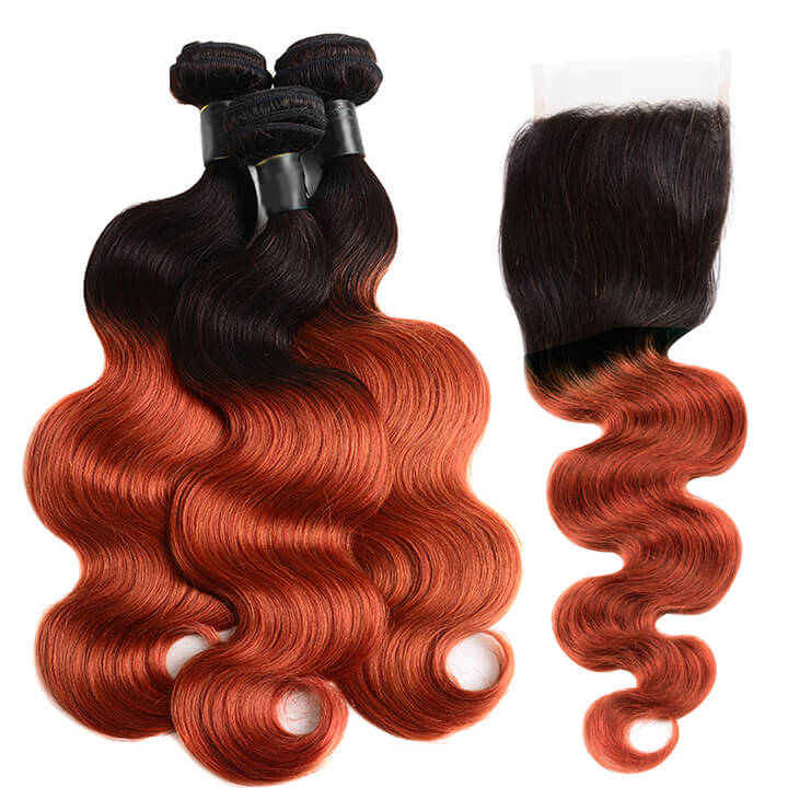 T1B/350 Ombre Ginger Body Wave Hair 3 Bundles With Closure Human Hair With Dark Roots