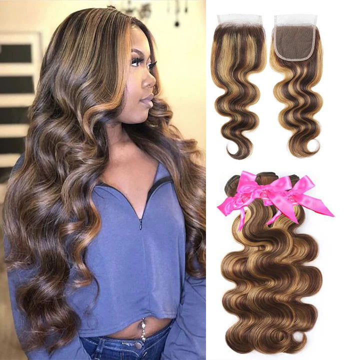 Highlight Brown P4/27 Body Wave Human Hair 3 Bundles With Lace Closure