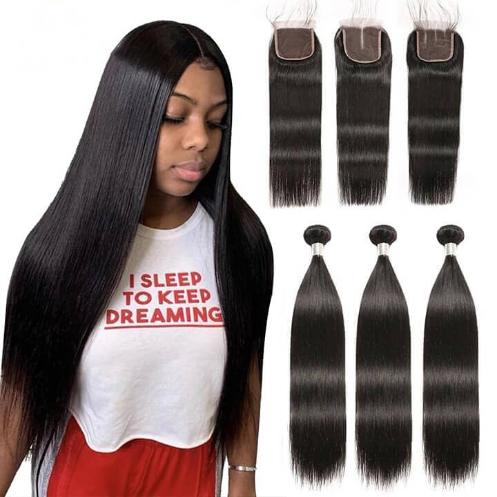 Straight Hair 3 Bundles With Closure 100% Human Hair With Lace Closure