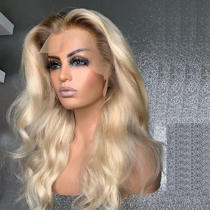 #4/613 Blonde Body Wave Wig With Dark Roots 13x4 Lace Front Human Hair Wigs