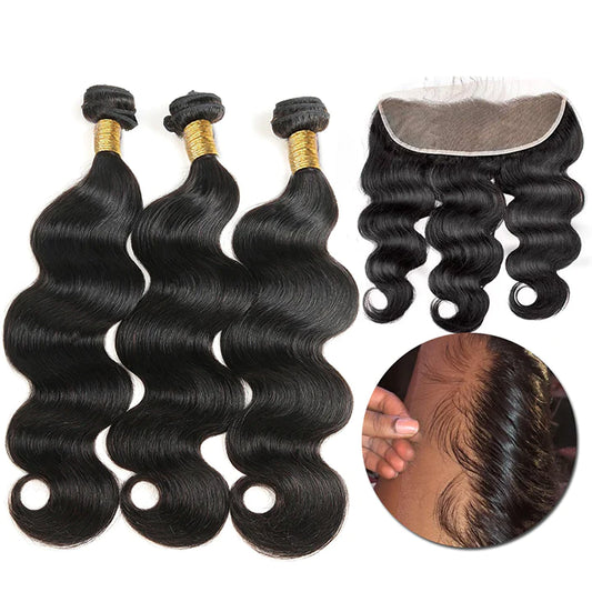 Body Wave Hair 3 Bundles With 13x4 Frontal Single Invisiable Knots Human Hair Bundles With Lace Frontal