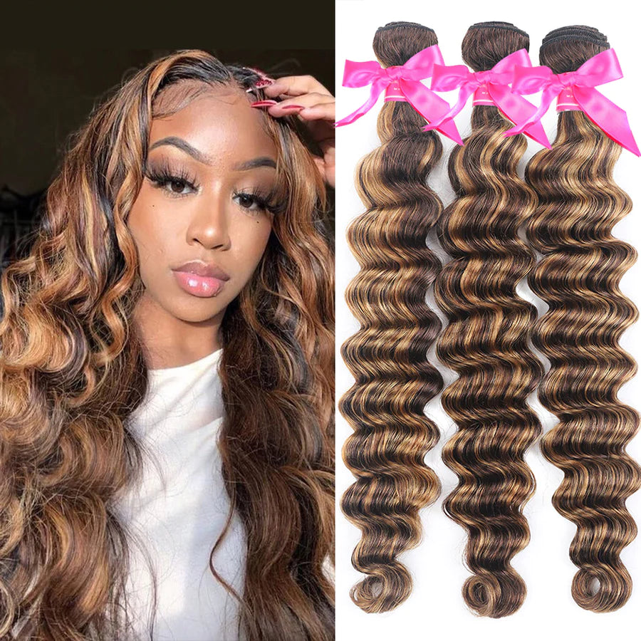 Highlight Brown P4/27 Loose Deep Human Hair Bundles Honey Blonde Hair 3/4 Bundles