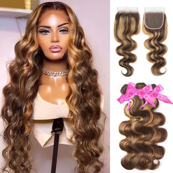 Highlight Brown P4/27 Body Wave Human Hair 3 Bundles With Lace Closure