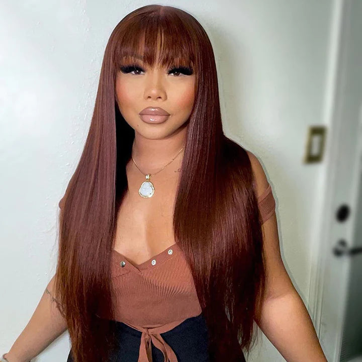 Reddish Brown Straight 13x4 Lace Front Wig With Bangs Glueless 4x4 Lace Wig Human Hair Wigs