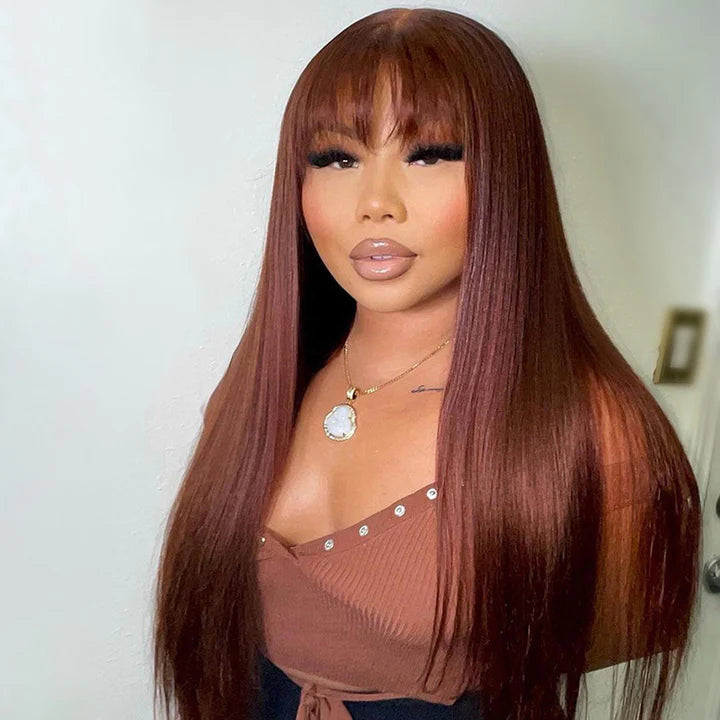 Reddish Brown Straight 13x4 Lace Front Wig With Bangs Glueless 4x4 Lace Wig Human Hair Wigs