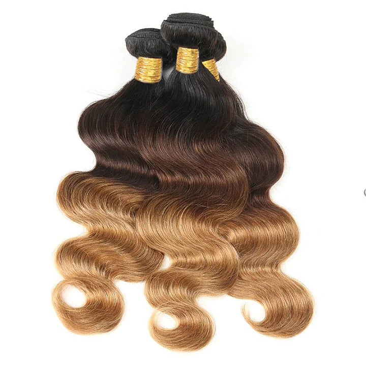 T1B/4/27 Ombre Honey Blonde Body Wave Hair 3 Bundles With Frontal Single Invisiable Knots Human Hair Bundles With Lace Frontal