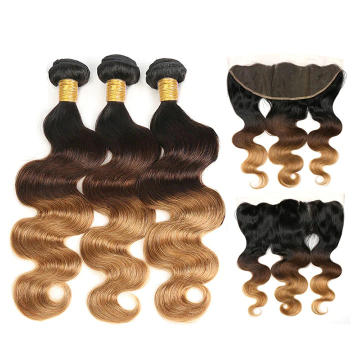 T1B/4/27 Ombre Honey Blonde Body Wave Hair 3 Bundles With Frontal Single Invisiable Knots Human Hair Bundles With Lace Frontal