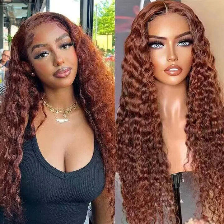 Reddish Brown Full Curly Lace Front Human Hair Wigs 13x4 Lace Closure Wig