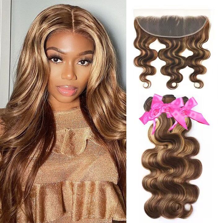 Highlight Brown Honey P4/27 Body Wave Hair 3 Bundles With 13x4 Lace Frontal Human Hair