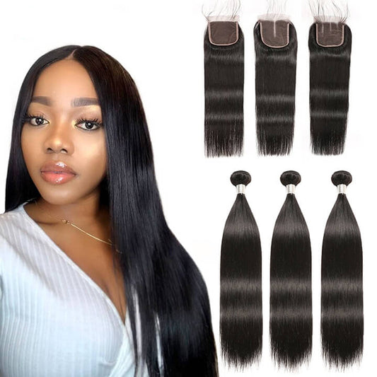 Straight Hair 3 Bundles With Closure 100% Human Hair With Lace Closure