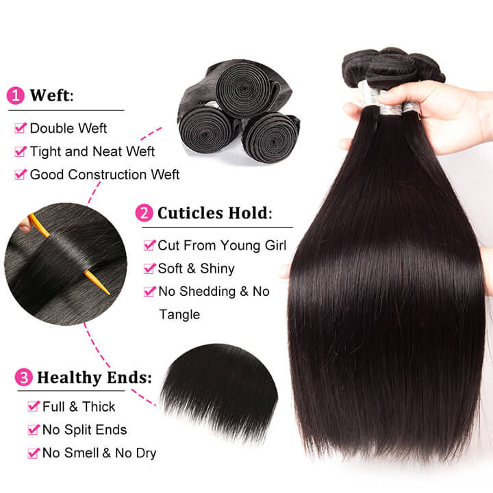 Straight Hair 3 Bundles With Closure 100% Human Hair With Lace Closure