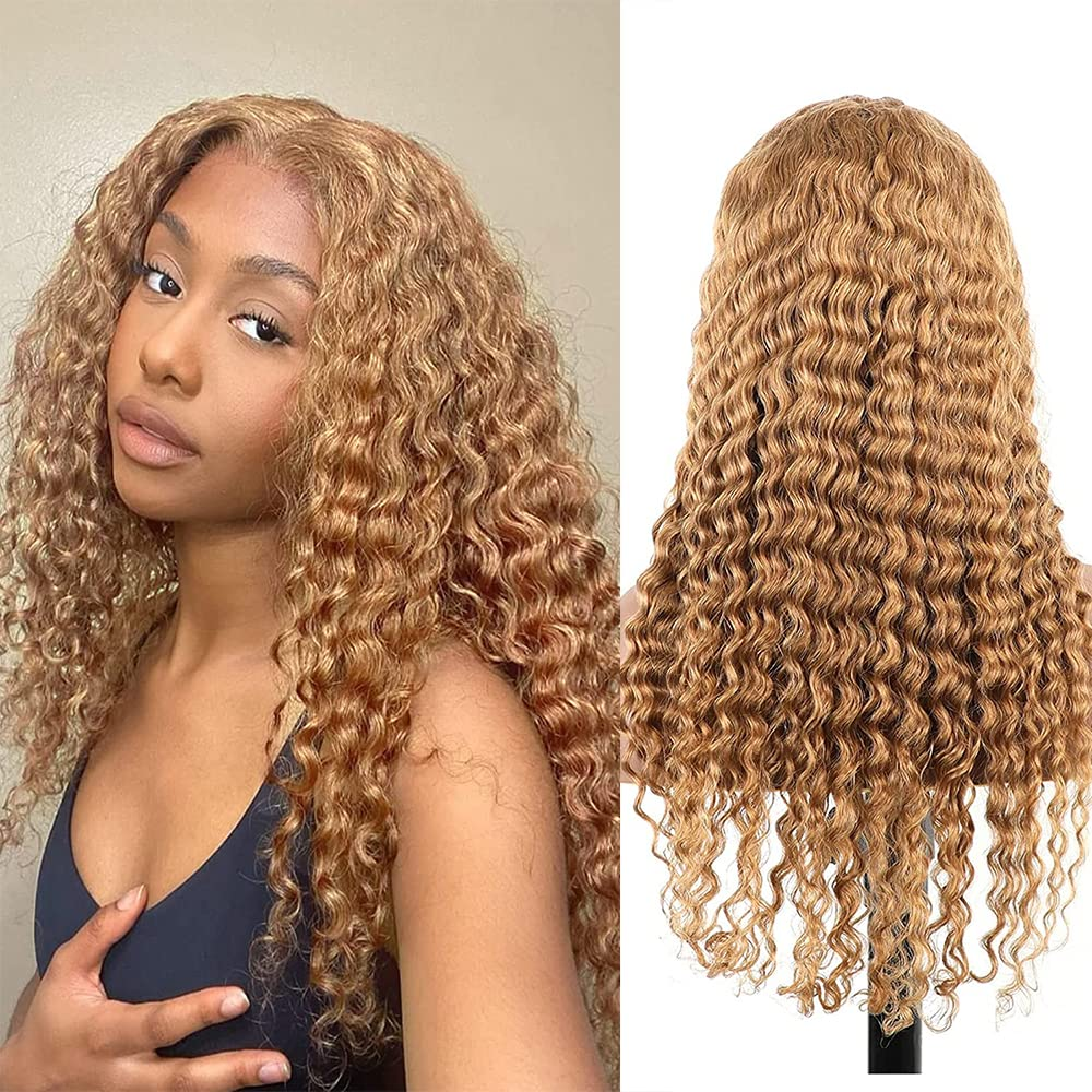 #27 Light Brown Water Wave Curly Transparent Lace Wig Human Hair Wigs Free Part