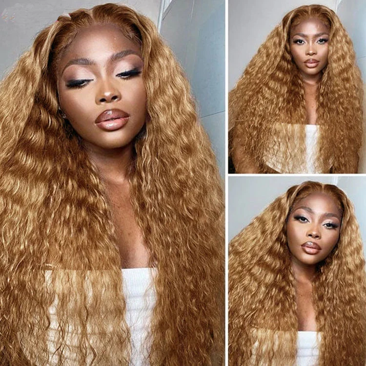 #27 Light Brown Water Wave Curly Transparent Lace Wig Human Hair Wigs Free Part